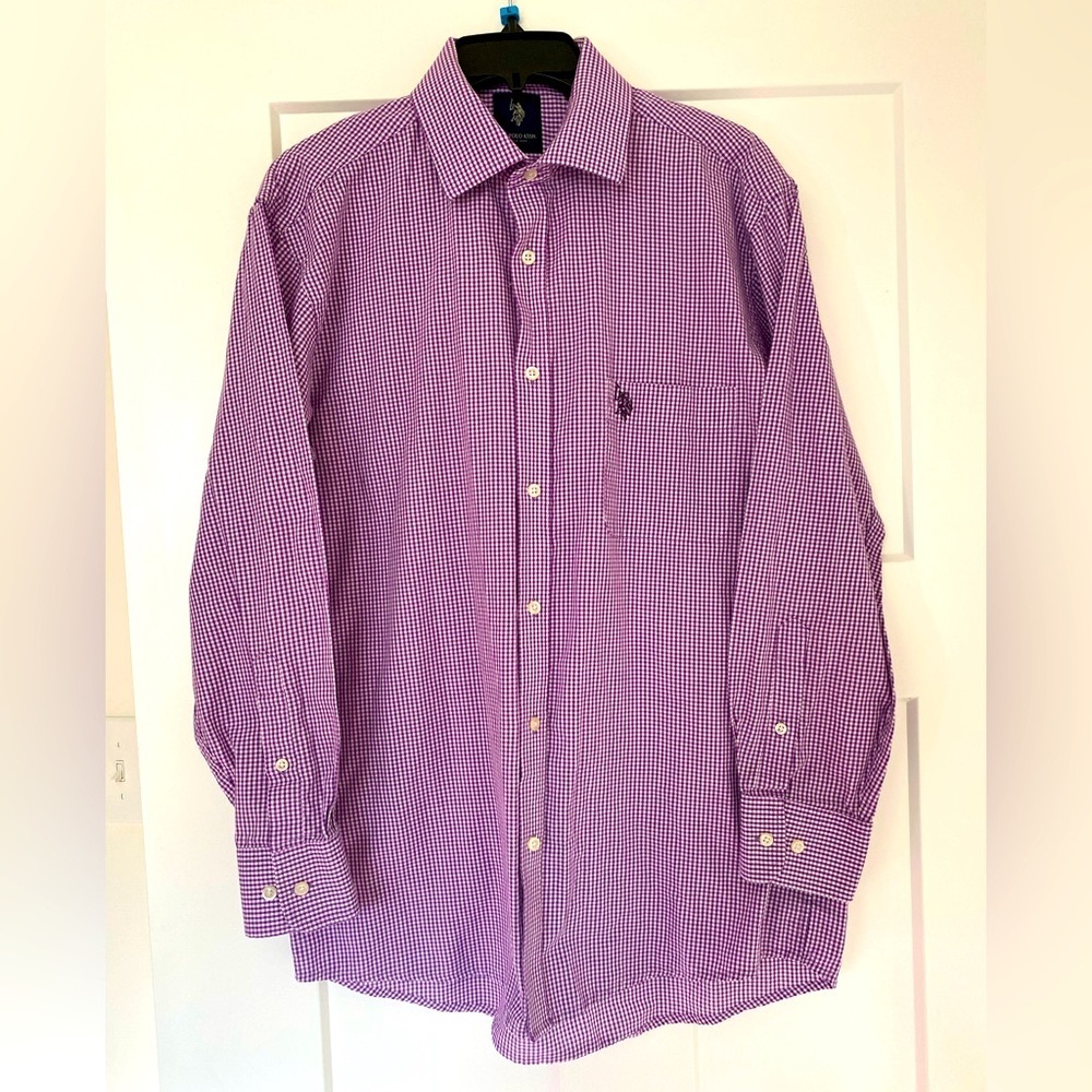 US POLO Association Long Sleeve Button Front Dress Shirt Purple Plaid Large